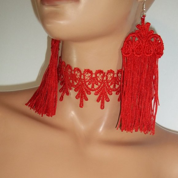 Red Lace Tassel Jewelry Set, Red Lace Tassel Earrings & Choker, Red Jewelry Set - Picture 2 of 4